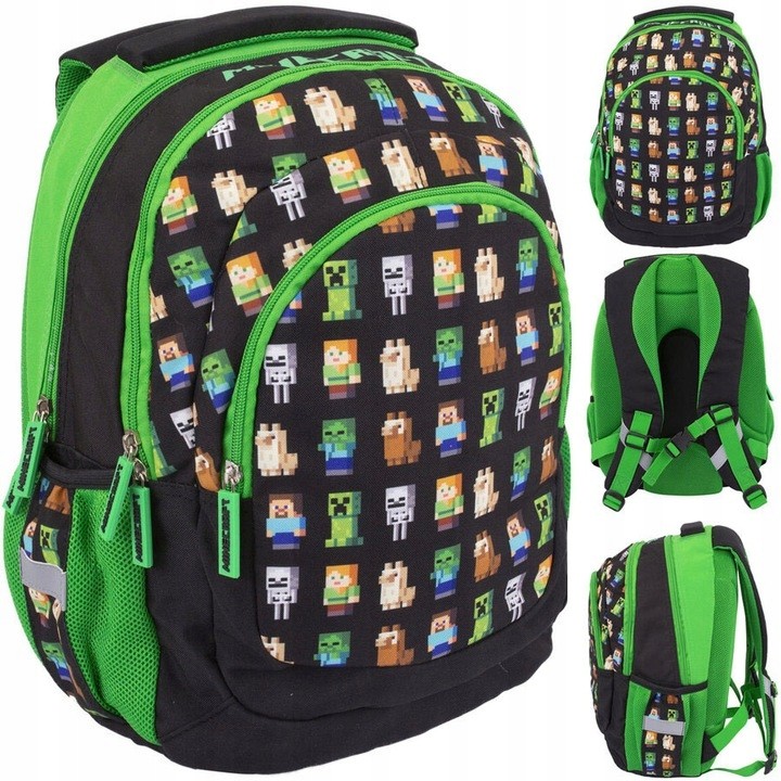 Viackomorový školský batoh Minecraft Astra, čierny, Odtiene zelenej, 20 l